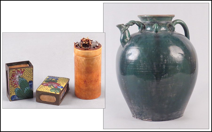 CHINESE GREEN GLAZE WATER VESSEL.: CHINESE GREEN GLAZE WATER VESSEL. Together with two cloisonne matchbox containers and an ivory box Height: 14.5"