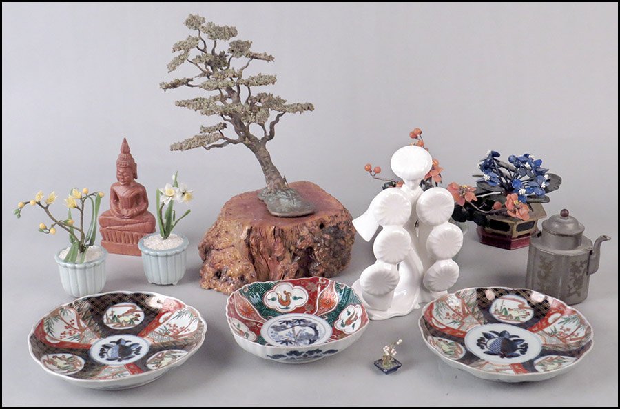 PAIR OF IMARI PORCELAIN BOWLS.: PAIR OF IMARI PORCELAIN BOWLS. Together with a lapis bonsai tree, three glass trees, a Noritake porcelain figure, a metal bonsai tree, a carved wood Buddha, and an individual teapot