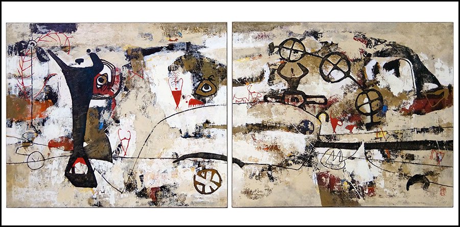 ZHOU BROTHERS (CHINESE/AMERICAN, B. 1952 & 1957) UNTITL: ZHOU BROTHERS (CHINESE/AMERICAN, B. 1952 & 1957) UNTITLED, 1988. Diptych; each an oil on canvas. Left panel: signed "Zhou Brothers" LR. Right panel: Signed and dated "Zhou Brothers, '87" and bearing a