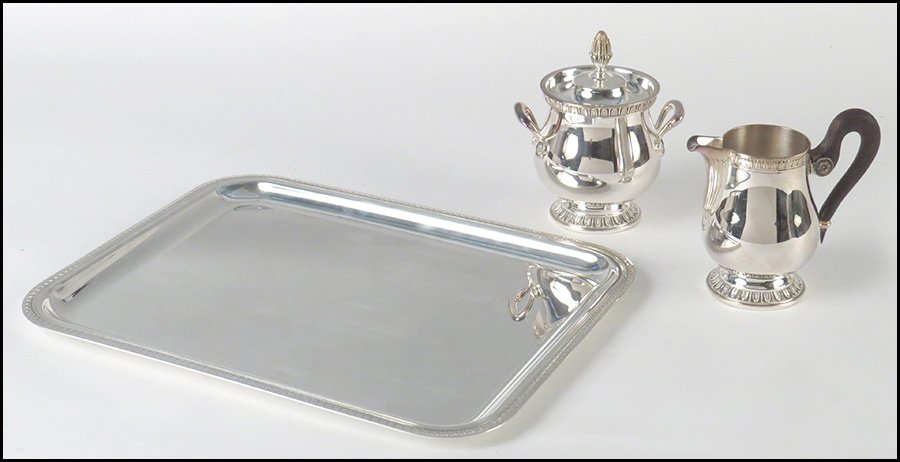 CHRISTOFLE SILVERPLATE TRAY.: CHRISTOFLE SILVERPLATE TRAY. Together with a Christofle creamer and covered sugar bowl