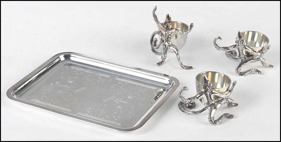 CHRISTOFLE SILVERPLATE TRAY.: CHRISTOFLE SILVERPLATE TRAY. Together with a set of three silverplate monkey form cups