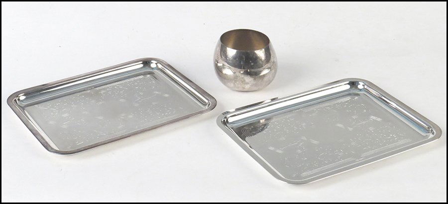 PAIR OF CHRISTOFLE SILVERPLATE TRAYS.: PAIR OF CHRISTOFLE SILVERPLATE TRAYS. Together with a Linda Lee Johnson sterling silver cup Tray: 8" x 6.5"