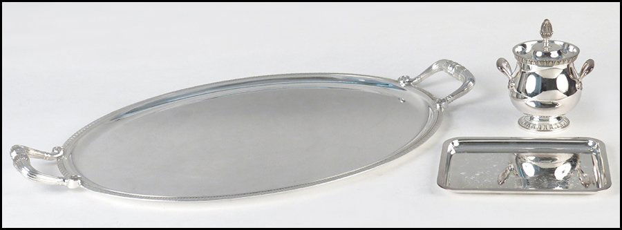 CHRISTOFLE SILVERPLATE OVAL TRAY IN THE MALMAISON PATTE: CHRISTOFLE SILVERPLATE OVAL TRAY IN THE MALMAISON PATTERN. Together with a Christofle silverplate covered sugar bowl and an oblong tray