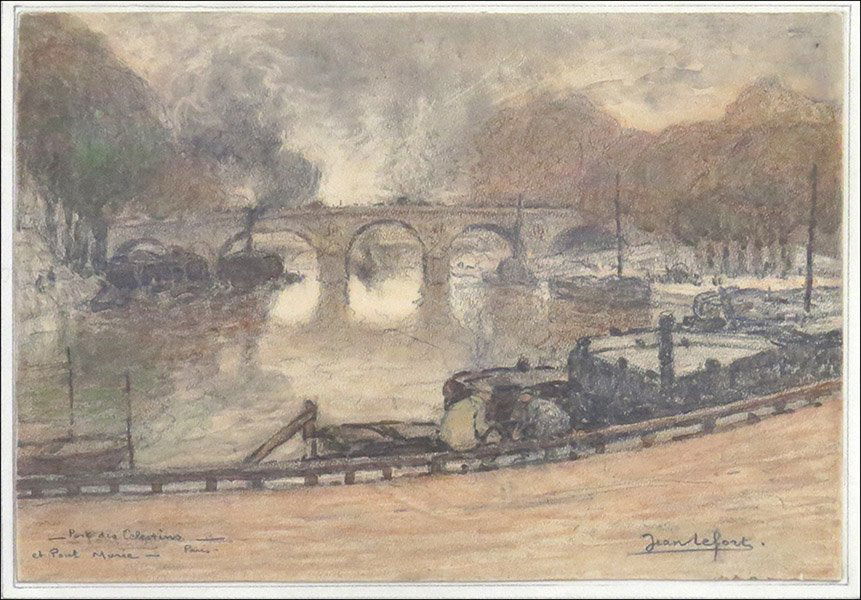 JEAN LEFORT (FRENCH, 1875-1954) PONT DI CELESTINS ET PO: JEAN LEFORT (FRENCH, 1875-1954) PONT DI CELESTINS ET PONT MARIE, PARIS. Mixed media on paper. Signed LR Sight: 8'' x 11.75'' Frame: 20'' x 25.5''