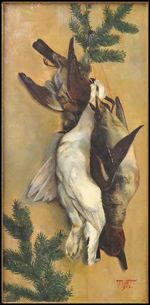 MORITZ VEIT (GERMAN, 1867- C. 1930) HANGING GAME,1902.: MORITZ VEIT (GERMAN, 1867- C. 1930) HANGING GAME,1902. Oil on board. Signed and dated LR Sight: 23.5'' x 11.5'' Frame: 29'' x 17''