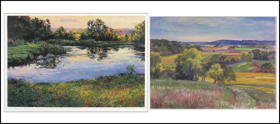 D. CARRINGTON (20TH CENTURY) VIEW OF THE COUNTRYSIDE.: D. CARRINGTON (20TH CENTURY) VIEW OF THE COUNTRYSIDE. Oil on board. signed LL. Together with a Douglas Edwards serigraph Frame: 31.5" x 39.5"