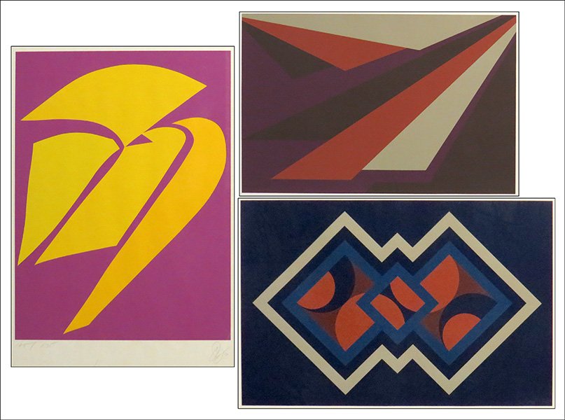 GREG TADEUSZ OCHOCKI (20TH CENTURY) GEOMETRIC COMPOSITI: GREG TADEUSZ OCHOCKI (20TH CENTURY) GEOMETRIC COMPOSITION, 1977. Serigraph, 92/195. Pencil signed and dated LR. Together with two serigraphs depicting abstract shapes. Both illegibly signed Largest fr