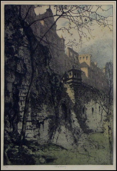 LUIGI KASIMIR (1881-1962) CITY BEYOND THE WALL.: LUIGI KASIMIR (1881-1962) CITY BEYOND THE WALL. Colored etching, edition 4/50. Pencil signed LM Sight: 14" x 9.75"