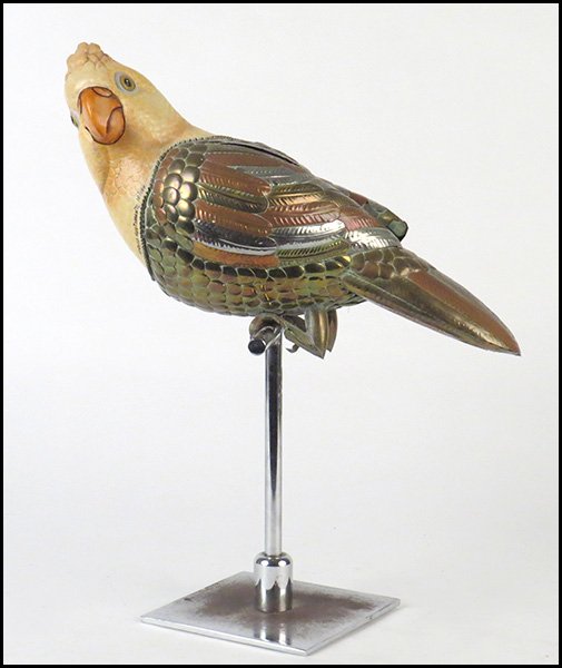 SERGIO BUSTAMANTE (MEXICAN, 1942) CACATUA DUCORP CONARO: SERGIO BUSTAMANTE (MEXICAN, 1942) CACATUA DUCORP CONARO. Papier mache and sheet metal, numbered 10/100. Signed along the neck Bird length: 16"