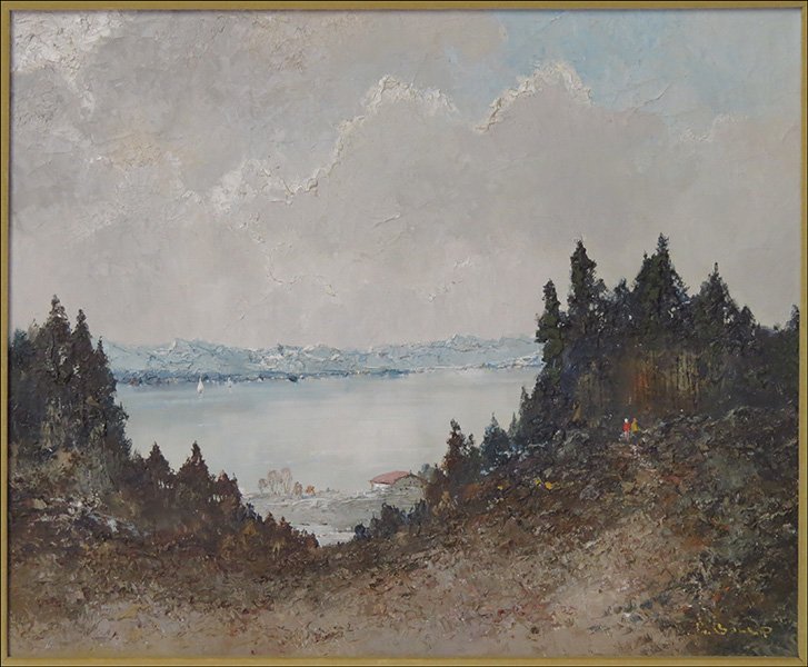 WILLI BAUER (GERMAN, B. 1923) HILLS BY THE SEA.: WILLI BAUER (GERMAN, B. 1923) HILLS BY THE SEA. Oil on canvas. Signed LR Canvas: 19.5" x 23.5"