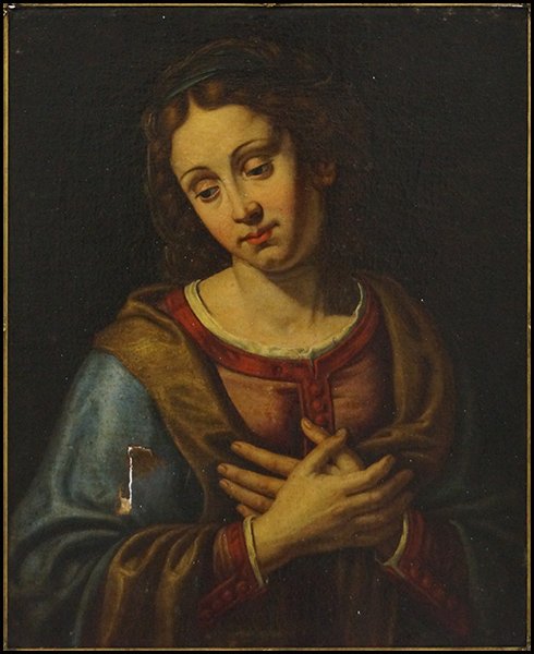 ARTIST UNKNOWN, (CONTINENTAL SCHOOL, C. 17TH CENTURY).: ARTIST UNKNOWN, (CONTINENTAL SCHOOL, C. 17TH CENTURY). THE MAGDALENE. Oil on canvas. Unsigned. Framed: 33" x 29" Sight: 26.5" x 20.5"