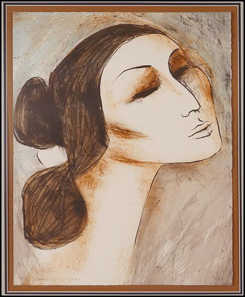 R. C. GORMAN (AMERICAN, 1932-2005) PORTRAIT OF A LADY,: R. C. GORMAN (AMERICAN, 1932-2005) PORTRAIT OF A LADY, 1981. Lithograph, edition 12/100. Pencil signed LL. Frame: 28.4" x 24.4". Together with a R.C. Gorman ink signed copy of 'Nudes and Foods' 20" x