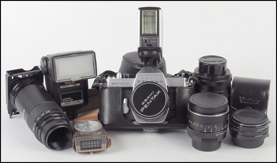 PENTAX ASAHI SLR CAMERA.: PENTAX ASAHI SLR CAMERA. Lenses included: 55mm, 135mm, 35mm, and a print zoom slide duplicator. Together with sekonic light meter and other various lens accesories