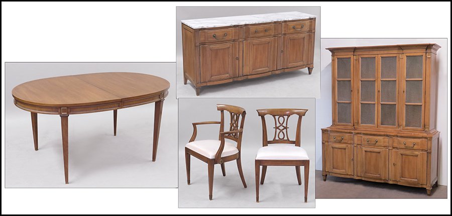 METZ FURNITURE COMPANY DINING SUITE.: METZ FURNITURE COMPANY DINING SUITE. Comprised of a dining table with three leaves (15'' wide), a pair of armchairs (H: 34''), six side chairs (H: 33''), a marbletop sideboard (34'' x 70.25'' x 20''),