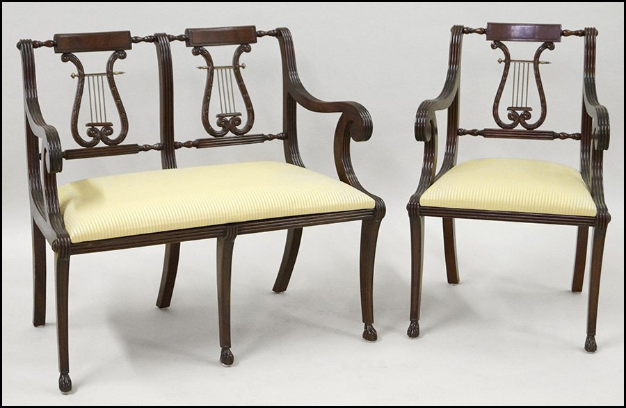 GEORGE III STYLE MAHOGANY SETTEE.: GEORGE III STYLE MAHOGANY SETTEE. Bearing lyre form back splats. Together with a pair of mahogany open armchairs, bearing matching upholstery and lyre form back splats (back H: 35'') 35'' x 38'' x 18'