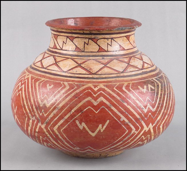 POLYCHROME DECORATED POTTERY VESSEL.: POLYCHROME DECORATED POTTERY VESSEL. Attributed to the Shipibo Tribe, upper Amazon River basin 10" x 12"
