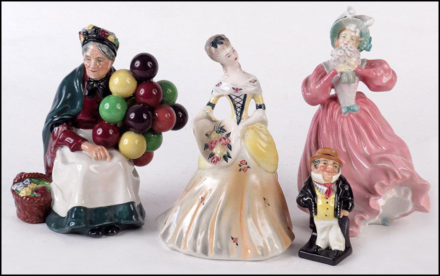 THREE ROYAL DOULTON PORCELAIN FIGURES.: THREE ROYAL DOULTON PORCELAIN FIGURES. Comprised of "Marguerite HN 1928," "The Old Balloon Seller HN 1315," and "Captain Cuttle." Together with a Goldscheider Everlast porcelain figure, marked "80118"