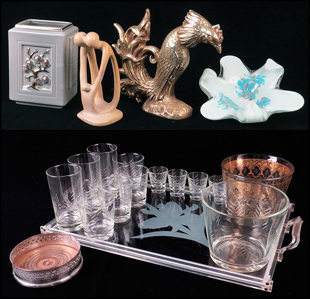 MURANO GLASS BOWL.: MURANO GLASS BOWL. Together with a gilt composite rooster, a carved stone sculpture, a Hyalyn porcelain vase, and a collection of Javit Crystal Bar Items. Comprised of four shot glasses, four old fash