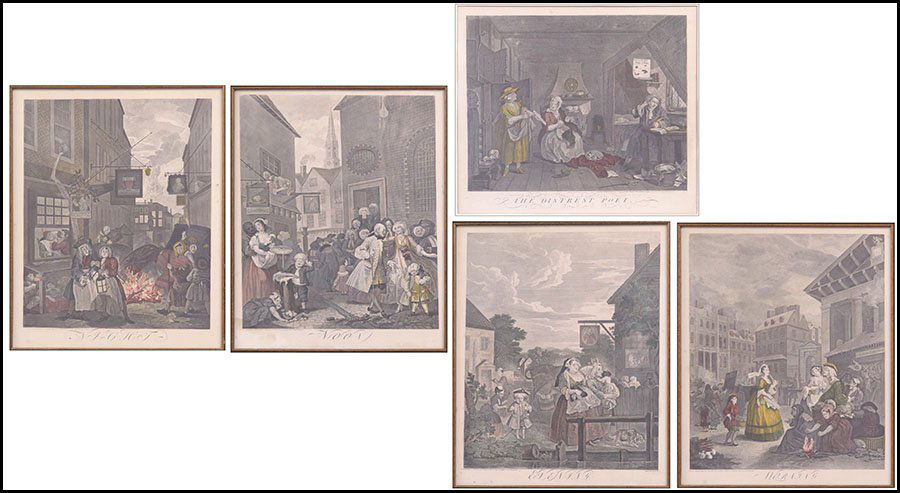 AFTER WILLIAM HOGARTH (ENGLISH, 1697-1764) THE DISTREST: AFTER WILLIAM HOGARTH (ENGLISH, 1697-1764) THE DISTREST POET. Color engraving, originally published 1740. Together with a suite of four color engravings After Hogarth comprised of: "Morning, Noon, Eve