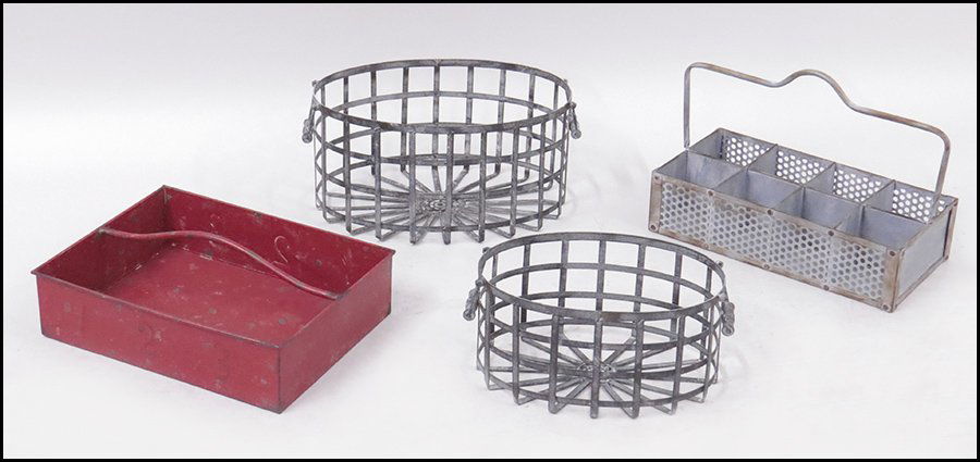 GROUP OF PAINTED METAL DECORATIVE GARDEN ITEMS.: GROUP OF PAINTED METAL DECORATIVE GARDEN ITEMS. Comprised of a red container with a handle (5.5'' x 19.5'' x 15''), a gray milk crate with eight slots and a handle (5.5'' x 20'' x 10''), and a nest of