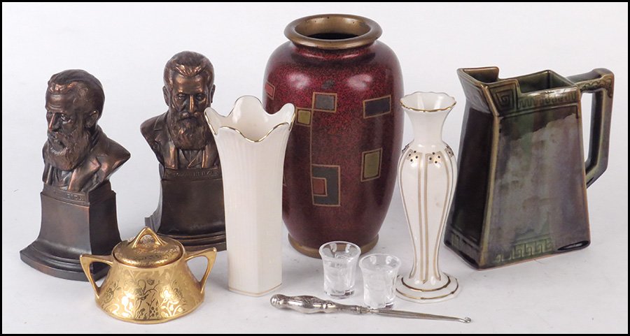 PAIR OF LALIQUE 'ENFANTS' SHOT GLASSES.: PAIR OF LALIQUE 'ENFANTS' SHOT GLASSES. Together with two Lenox vases, two patinated metal busts, a glazed ceramic pitcher, a German gilt porcelain covered sugar bowl, and a sterling silver handled bu