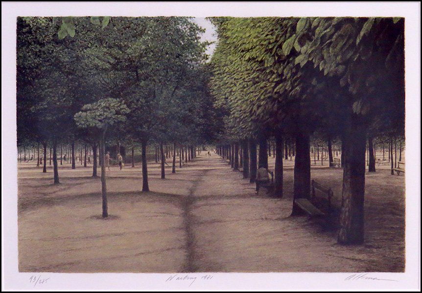 HAROLD ALTMAN (AMERICAN, 1924-2003) WAITING, 1981.: HAROLD ALTMAN (AMERICAN, 1924-2003) WAITING, 1981. Lithograph in colors. Pencil signed LR. Frame: 31" x 39" Sight: 20" x 27"