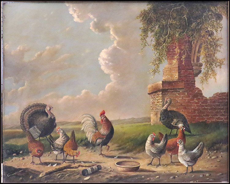 DUTCH SCHOOL (19TH CENTURY) GROUP OF FOWL.: DUTCH SCHOOL (19TH CENTURY) GROUP OF FOWL. Oil on board, in the style of Albertus Verhoesen. Signed illegibly LL. Frame: 23" x 27" Board: 16" x 19.5"
