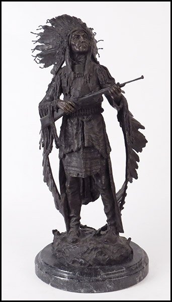 CARL KAUBA (1865-1922) INDIAN CHIEF.: CARL KAUBA (1865-1922) INDIAN CHIEF. Bronze. Signed C. Kauba on the reverse. Raised on a 2" marble base Bronze: 25"