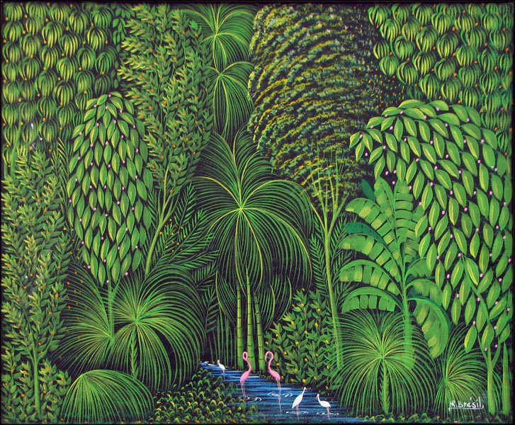 HENRI ROBERT BRESIL (HAITIAN B. 1952) HAITIAN JUNGLE.: HENRI ROBERT BRESIL (HAITIAN B. 1952) HAITIAN JUNGLE. Oil on canvas. Signed LR Canvas: 20" x 34"