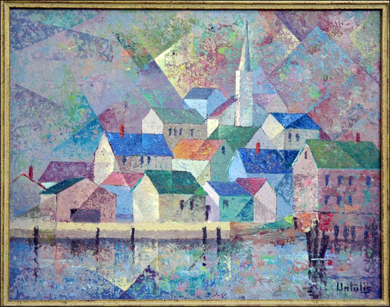 UNTULIS (20TH CENTURY) CUBIST VILLAGE.: UNTULIS (20TH CENTURY) CUBIST VILLAGE. Oil on board. Signed LR Board: 11" x 14"