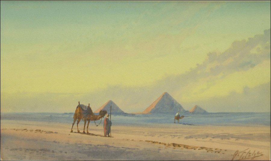 OTTO TILCHE (19TH CENTURY/20TH CENTURY) ARABS WITH CAME: OTTO TILCHE (19TH CENTURY/20TH CENTURY) ARABS WITH CAMELS AT THE PYRAMIDS. Watercolor. Signed LR Sight: 4" x 7"