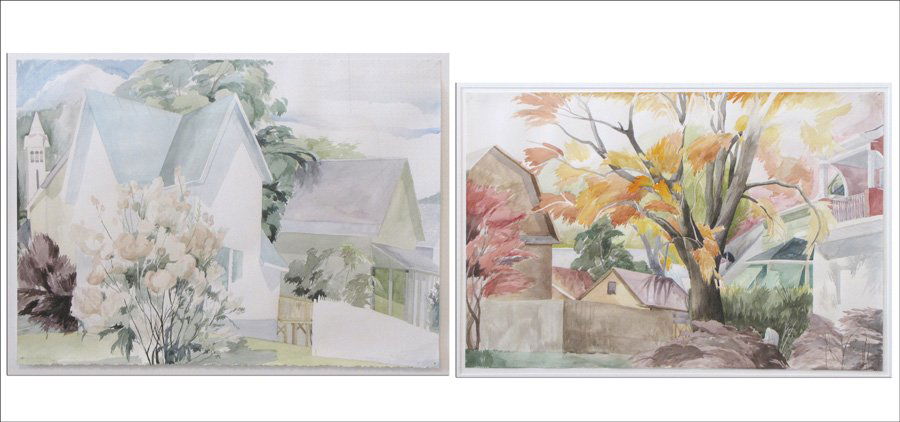 CELIA REISMAN (AMERICAN, 20TH CENTURY) TWO WORKS: SUBUR: CELIA REISMAN (AMERICAN, 20TH CENTURY) TWO WORKS: SUBURBAN LANDSCAPES. Each a watercolor on paper. Signed lower LL and dated 1987 & 1989; 20.25" x 29.75"; 22.25" x 30" Sheet Sight: 20.25" x 29.75/ 22.
