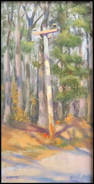 JAYNE BELLOWS ( AMERICAN 20TH CENTURY) TELEPHONE POLE A: JAYNE BELLOWS ( AMERICAN 20TH CENTURY) TELEPHONE POLE AMONG TREES. Oil on board. signed LL. Framed 19" x 12.5" Sight 13.5" x 7"