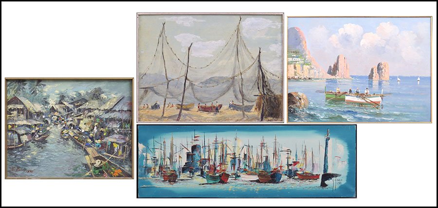 MAHAPUN (THAI, 20TH CENTURY) SHORE SCENE.: MAHAPUN (THAI, 20TH CENTURY) SHORE SCENE. Oil on board, signed lower left. Together with an Artist Unknown oil on canvas of a Thai river scene, a George Genele oil on canvas of ships in a harbor (Canv