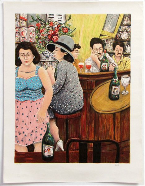 DAVID AZUZ (ISRAELI, B. 1942) PARISIAN BAR SCENE.: DAVID AZUZ (ISRAELI, B. 1942) PARISIAN BAR SCENE. Lithograph in colors, signed and numbered 150/200 in lower margin. Unframed Sheet: 30.75" x 23.6"