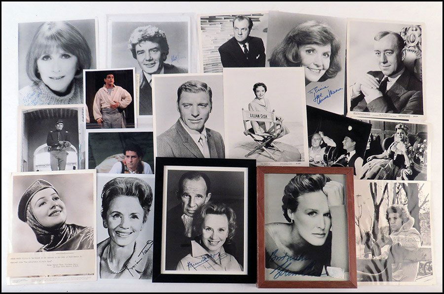 COLLECTION OF SIGNED AND UNSIGNED PRODUCTION STILLS AND: COLLECTION OF SIGNED AND UNSIGNED PRODUCTION STILLS AND PORTRAITS. Framed and unframed. Includes Jessica Tandy and Hume Cronyn, Glenn Close, Michael York, Rita Moreno, Lauren Bacall, Albert Finney, An