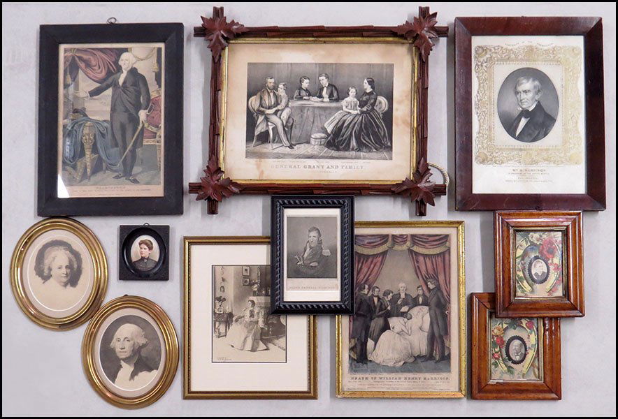 COLLECTION OF PRESIDENTIAL FRAMED PORTRAITS.: COLLECTION OF PRESIDENTIAL FRAMED PORTRAITS. Comprised of a Currier and Ives lithograph depicting Washington, a William Harrison mourning print depicting Harrison on his death bead, two Garfield and w