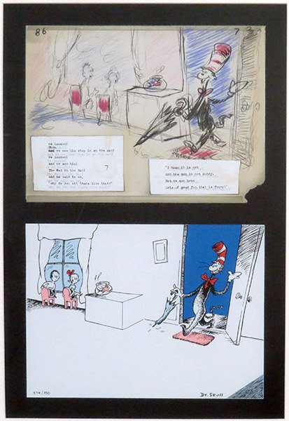 AFTER THEODOR 'DR. SEUSS' GEISEL (1904-1991) WE LOOKED!: AFTER THEODOR 'DR. SEUSS' GEISEL (1904-1991) WE LOOKED! THEN WE SAW HIM STEP IN ON THE MAT. Serigraph of Seuss's original drawing for The Cat In The Hat. Edition 579/850. Signed in plate LR Sight: 19"