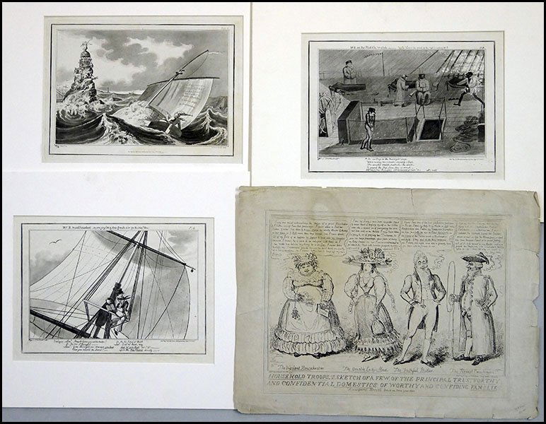 AFTER GEORGE CRUIKSHANK (BRITISH, 1792-1878) FOUR ENGRA: AFTER GEORGE CRUIKSHANK (BRITISH, 1792-1878) FOUR ENGRAVINGS. Comprised of 'Household Troops', and three plates from the master Blockhead series; Including 'Mr. B. Mastheaded', Mr. B. on the Middle Wa