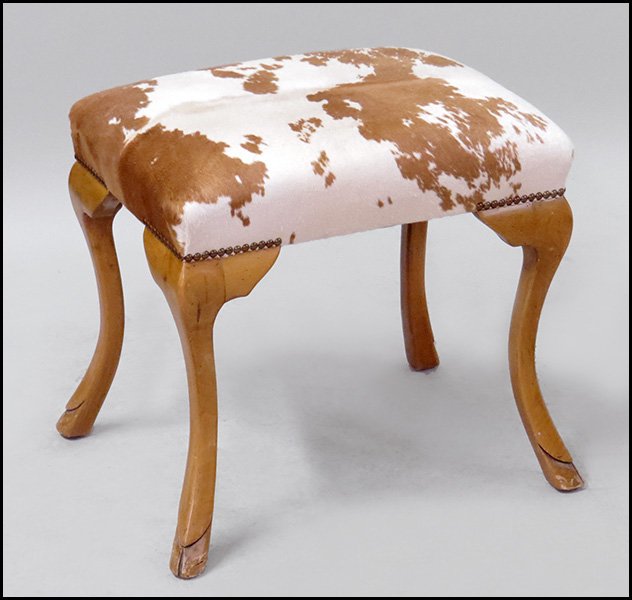 WILLIAM SWITZER MAPLE AND COW HIDE STOOL.: WILLIAM SWITZER MAPLE AND COW HIDE STOOL. H: 21" W: 23" D: 16"