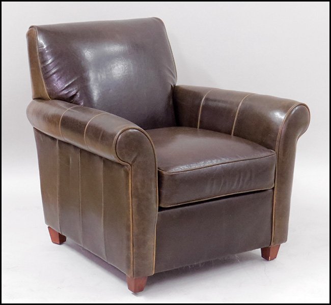 BAUHAUS CLUB CHAIR.: BAUHAUS CLUB CHAIR. Upholstered in faux brown leather H: 35" x W: 37" x D: 32"