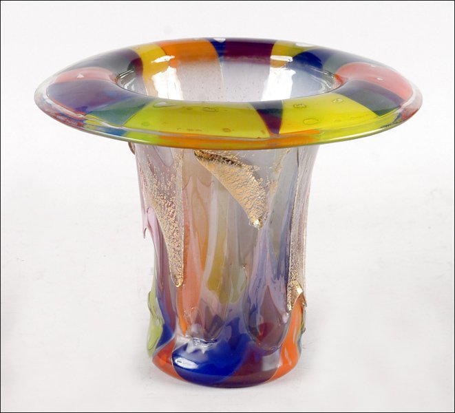 MICHAEL HIGGINS (20TH CENTURY) DROPOUT VASE.: MICHAEL HIGGINS (20TH CENTURY) DROPOUT VASE. Fused and blown gilt and colored glass. Signed beneath lip Height: 10.25" Diameter: 12.75"