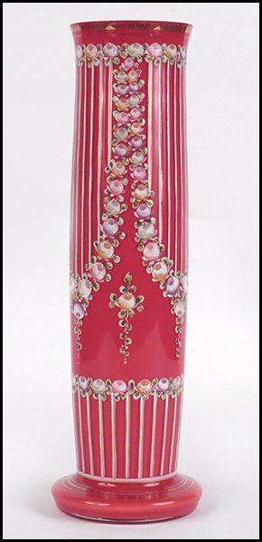 TALL MOSER STYLE GLASS VASE.: TALL MOSER STYLE GLASS VASE. Bearing painted floral decoration, unsigned Height: 17" Diameter: 4.25"