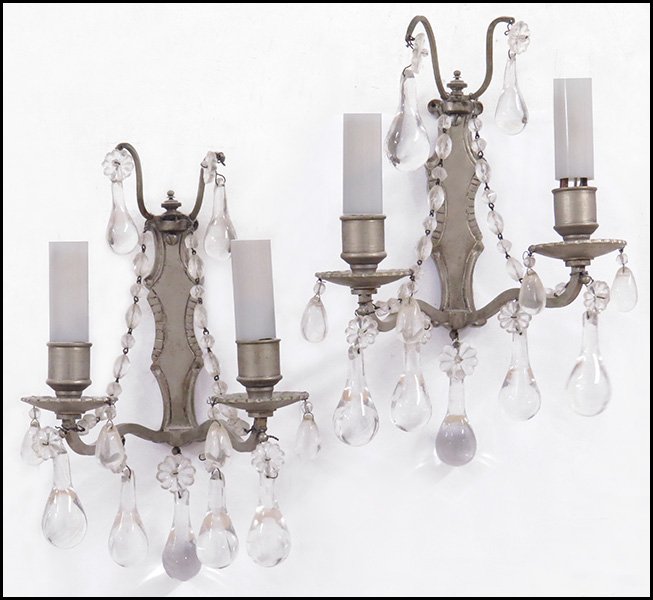 PAIR OF FRENCH CRYSTAL AND METAL TWO-LIGHT SCONCES.: PAIR OF FRENCH CRYSTAL AND METAL TWO-LIGHT SCONCES. 9" x 7"