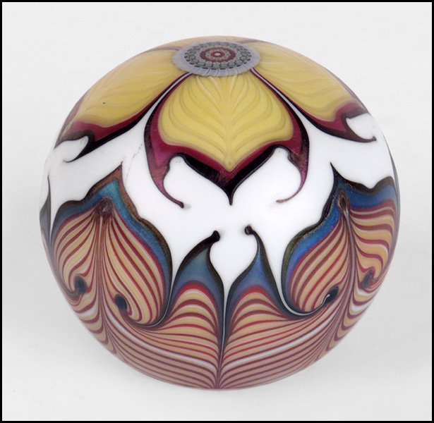 ORIENT & FLUME PAPERWEIGHT.: ORIENT & FLUME PAPERWEIGHT. Bearing maker's sticker and signed 'Orient & Flume R0463K8 Beyers' on underside 3.25" x 3.25"