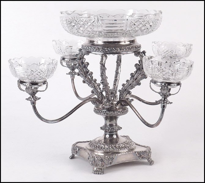 AMERICAN SILVERPLATE EPERGNE.: AMERICAN SILVERPLATE EPERGNE. With five crystal bowl inserts H: 15'' W: 21''
