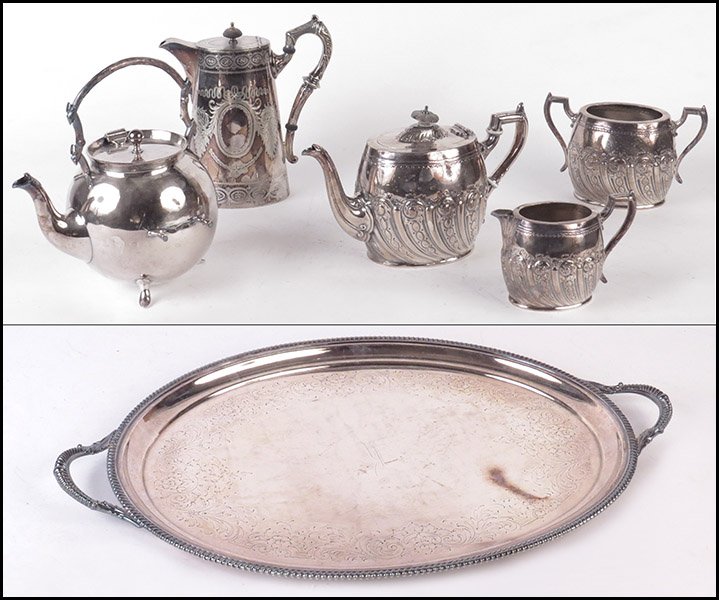 AN ASSEMBLED SILVERPLATE TEA AND COFFEE SERVICE.: AN ASSEMBLED SILVERPLATE TEA AND COFFEE SERVICE. Comprised of a teapot, coffee pot, open sugar bowl, creamer, hot water kettle, and tray Tray: 21" x 17"