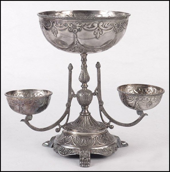 AN AMERICAN SILVERPLATE EPERGNE.: AN AMERICAN SILVERPLATE EPERGNE. Comprised of one large bowl flanked by two smaller bowls on either side. Raised on hairy paw feet 12.5" x 14"