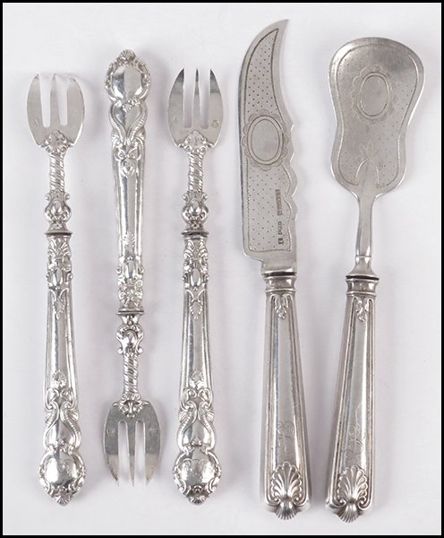 SET OF THREE FRENCH SILVER SEAFOOD FORKS.: SET OF THREE FRENCH SILVER SEAFOOD FORKS. Together with two German Dahmen .800 silver serving utensils