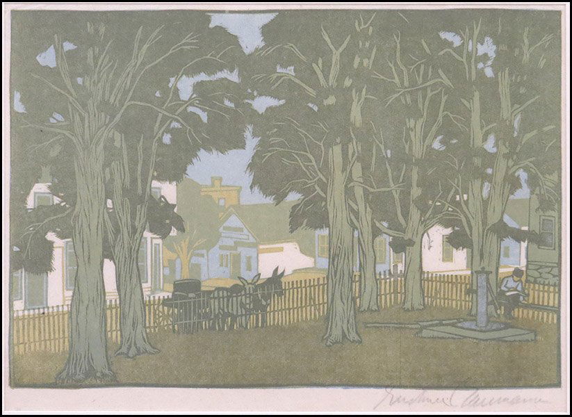 GUSTAVE BAUMANN (GERMAN/AMERICAN, 1881-1971) COURTHOUSE: GUSTAVE BAUMANN (GERMAN/AMERICAN, 1881-1971) COURTHOUSE YARD. Woodblock print on paper. Pencil signed LR Sight: 9.75" x 13.25"